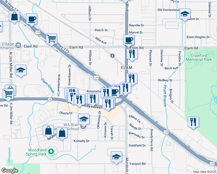 map of restaurants, bars, coffee shops, grocery stores, and more near 13684 C F Hawn Freeway in Dallas