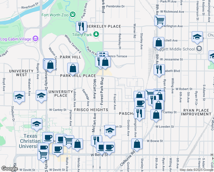 map of restaurants, bars, coffee shops, grocery stores, and more near 2532 Wayside Avenue in Fort Worth