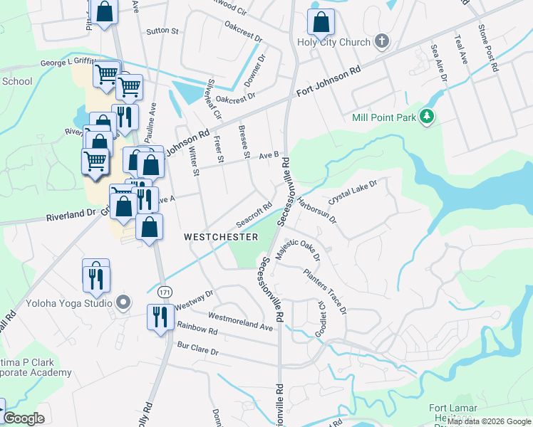 map of restaurants, bars, coffee shops, grocery stores, and more near 1395 Secessionville Road in Charleston