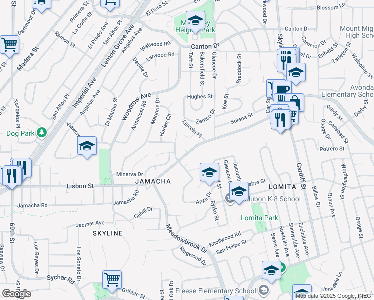 map of restaurants, bars, coffee shops, grocery stores, and more near 7738 Jamacha Road in San Diego