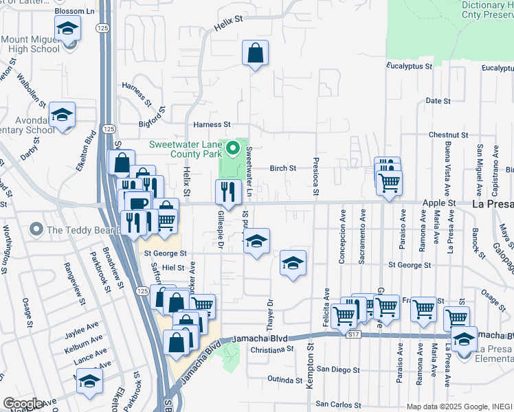 map of restaurants, bars, coffee shops, grocery stores, and more near 9030 Jamacha Road in Spring Valley