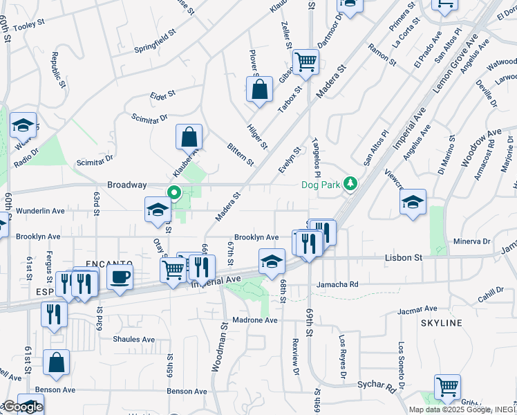map of restaurants, bars, coffee shops, grocery stores, and more near 6746 Wunderlin Avenue in San Diego