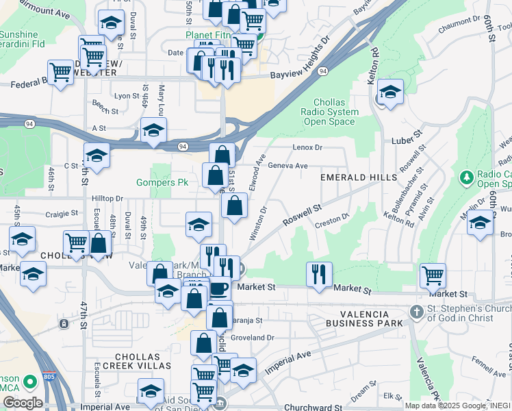 map of restaurants, bars, coffee shops, grocery stores, and more near 888 Winston Drive in San Diego