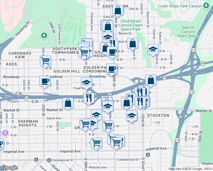 map of restaurants, bars, coffee shops, grocery stores, and more near 2964 E Street in San Diego