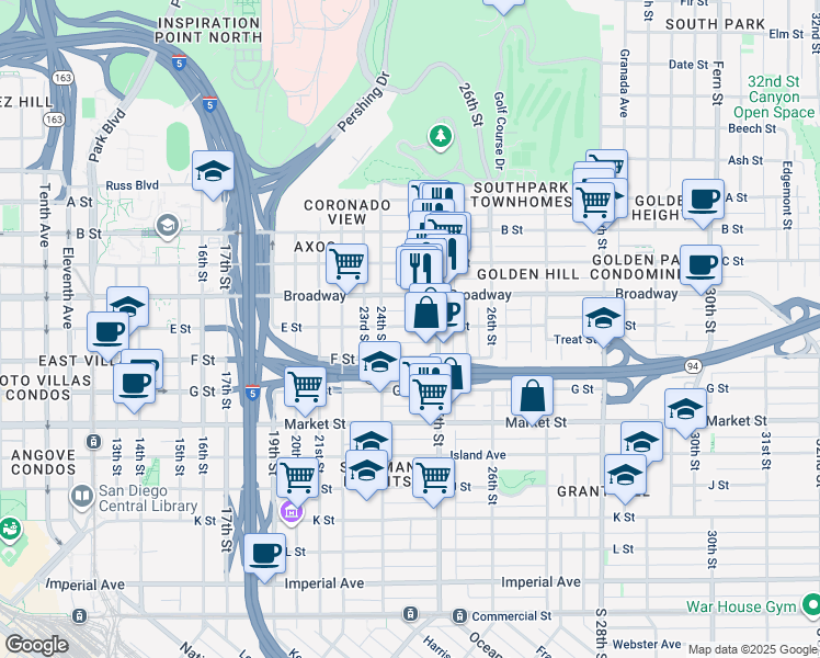 map of restaurants, bars, coffee shops, grocery stores, and more near 2470 E Street in San Diego