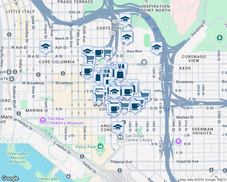 map of restaurants, bars, coffee shops, grocery stores, and more near in San Diego