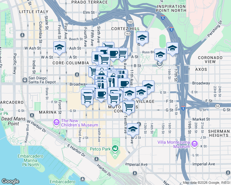 map of restaurants, bars, coffee shops, grocery stores, and more near 965 Eighth Avenue in San Diego