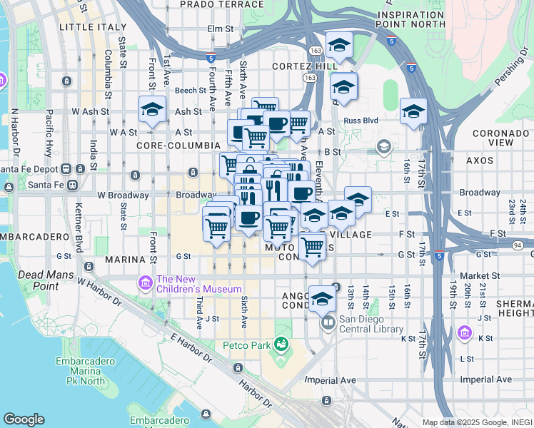 map of restaurants, bars, coffee shops, grocery stores, and more near 965 Eighth Avenue in San Diego