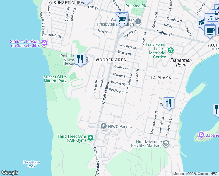 map of restaurants, bars, coffee shops, grocery stores, and more near 3770 Pio Pico Street in San Diego
