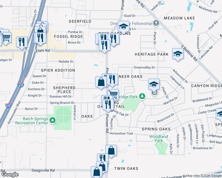 map of restaurants, bars, coffee shops, grocery stores, and more near 110 Pioneer Oaks in Balch Springs