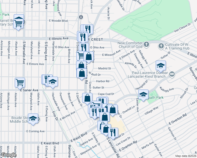 map of restaurants, bars, coffee shops, grocery stores, and more near 1524 North Atoll Drive in Dallas