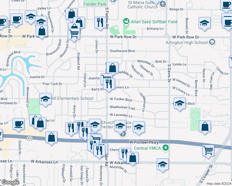map of restaurants, bars, coffee shops, grocery stores, and more near 1510 West Lovers Lane in Arlington