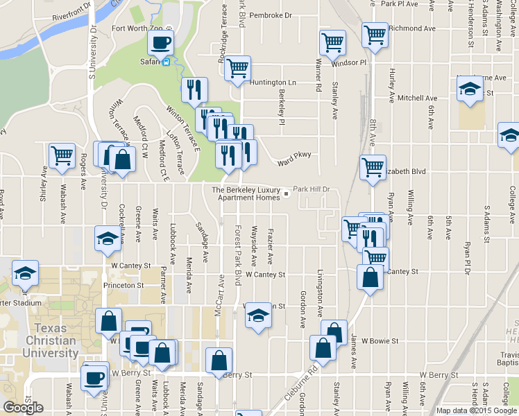 map of restaurants, bars, coffee shops, grocery stores, and more near 2520 Wayside Avenue in Fort Worth