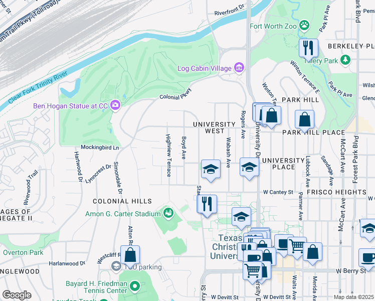 map of restaurants, bars, coffee shops, grocery stores, and more near 2543 Boyd Avenue in Fort Worth