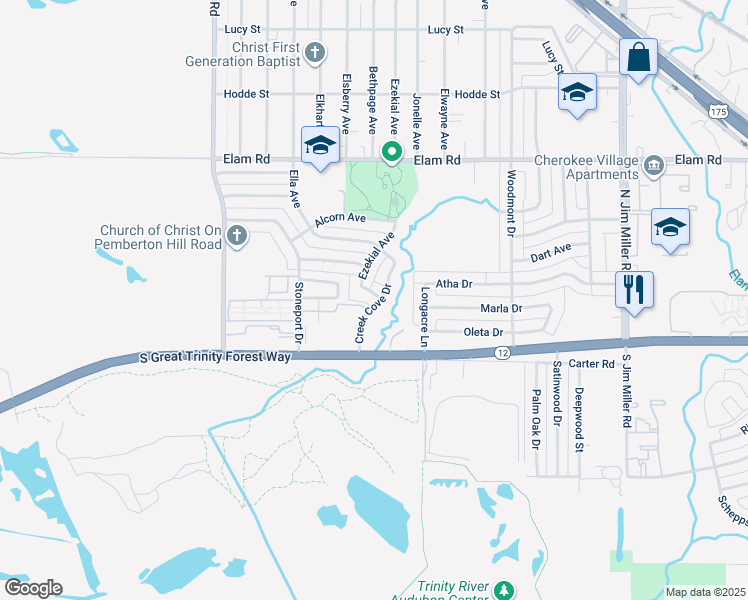 map of restaurants, bars, coffee shops, grocery stores, and more near 193 Creek Cove Drive in Dallas