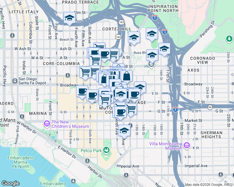 map of restaurants, bars, coffee shops, grocery stores, and more near 10th Ave & E St in San Diego