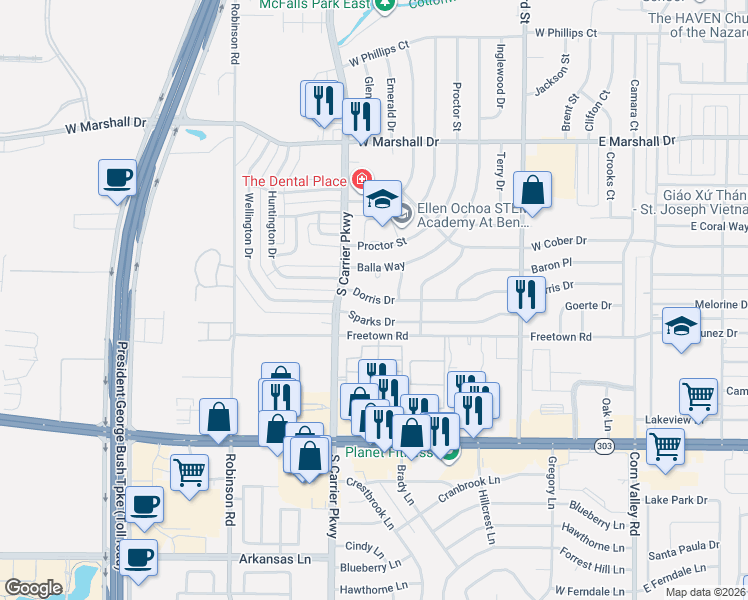 map of restaurants, bars, coffee shops, grocery stores, and more near 614 Dorris Drive in Grand Prairie