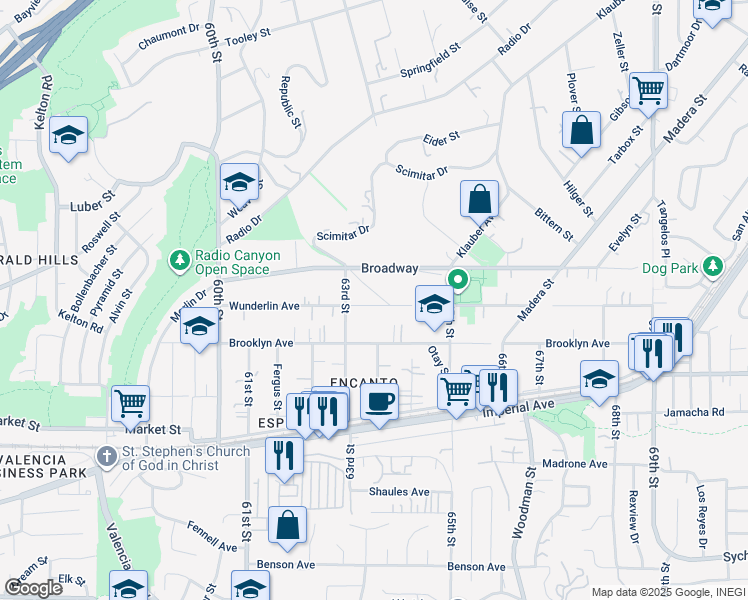 map of restaurants, bars, coffee shops, grocery stores, and more near 6344 Wunderlin Avenue in San Diego
