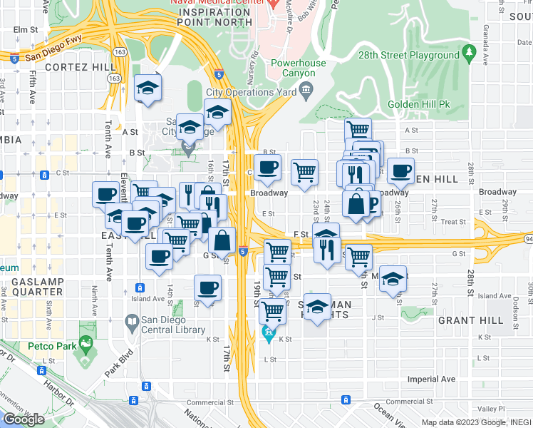 map of restaurants, bars, coffee shops, grocery stores, and more near 1935 E Street in San Diego