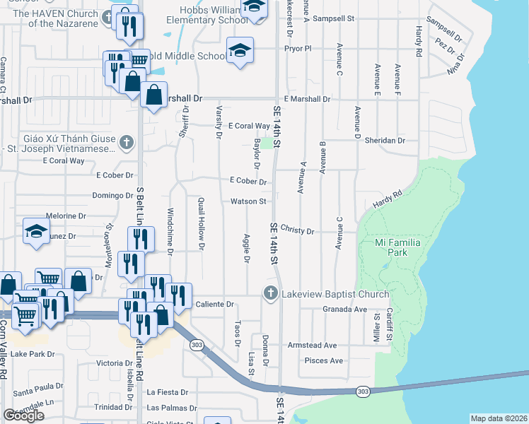 map of restaurants, bars, coffee shops, grocery stores, and more near 1317 Watson Street in Grand Prairie