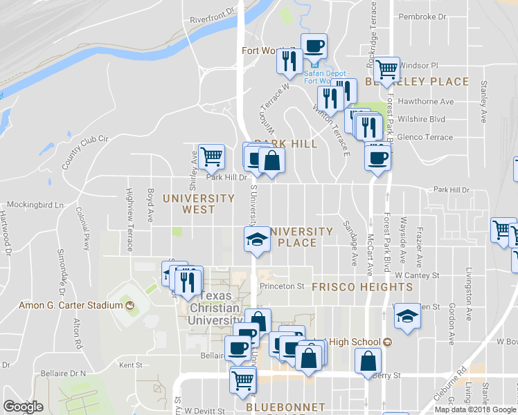 map of restaurants, bars, coffee shops, grocery stores, and more near 2534 South University Drive in Fort Worth