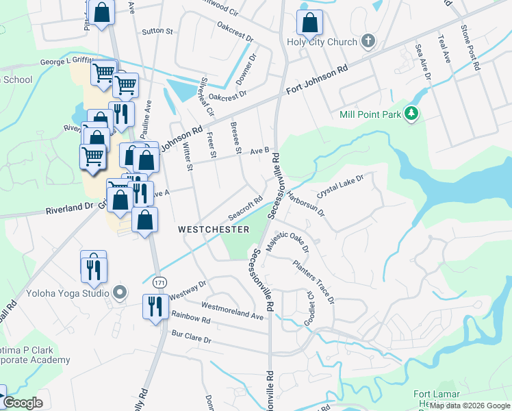 map of restaurants, bars, coffee shops, grocery stores, and more near 1531 Seacroft Road in Charleston
