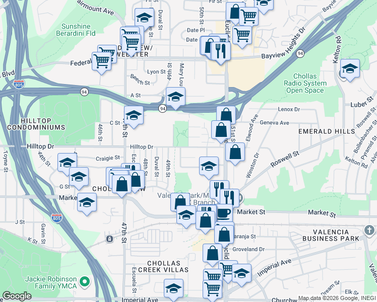 map of restaurants, bars, coffee shops, grocery stores, and more near 4927 Hilltop Drive in San Diego