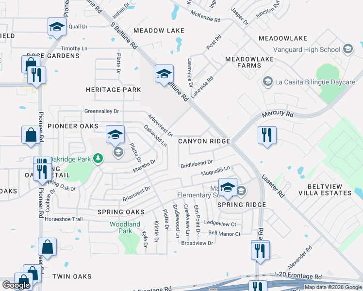map of restaurants, bars, coffee shops, grocery stores, and more near 4211 Foxglen Drive in Balch Springs
