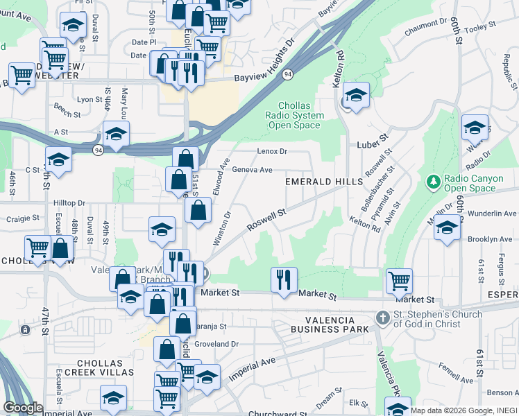 map of restaurants, bars, coffee shops, grocery stores, and more near 5322 Hilltop Drive in San Diego