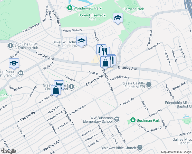 map of restaurants, bars, coffee shops, grocery stores, and more near 2952 Bardwell Avenue in Dallas