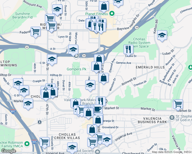 map of restaurants, bars, coffee shops, grocery stores, and more near 864 Euclid Avenue in San Diego