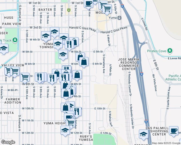 map of restaurants, bars, coffee shops, grocery stores, and more near 660a South 1st Avenue in Yuma