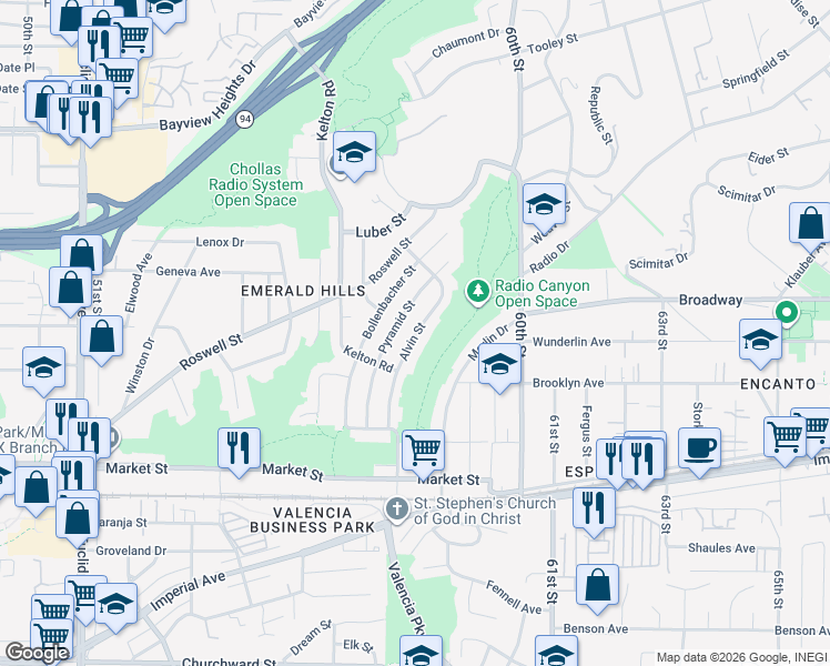 map of restaurants, bars, coffee shops, grocery stores, and more near 922 Alvin Street in San Diego