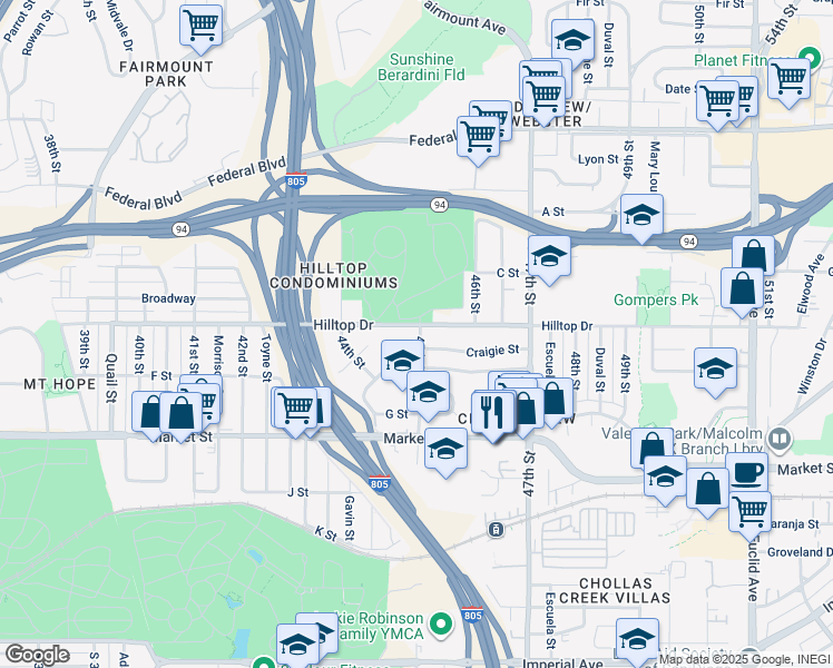 map of restaurants, bars, coffee shops, grocery stores, and more near 4505 Hilltop Drive in San Diego