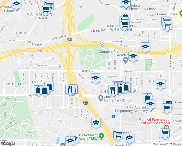 map of restaurants, bars, coffee shops, grocery stores, and more near 4471 Hilltop Drive in San Diego