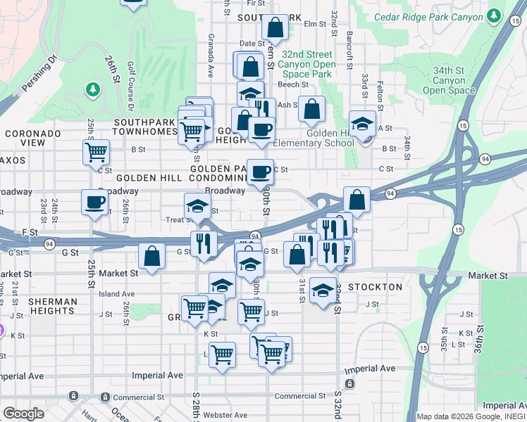 map of restaurants, bars, coffee shops, grocery stores, and more near 2964 E Street in San Diego