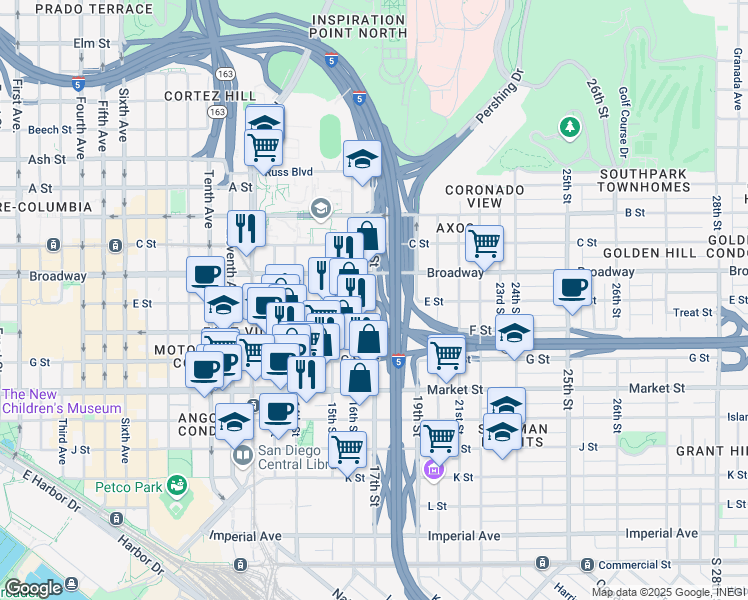 map of restaurants, bars, coffee shops, grocery stores, and more near 914 17th Street in San Diego