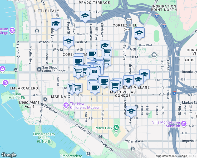map of restaurants, bars, coffee shops, grocery stores, and more near in San Diego
