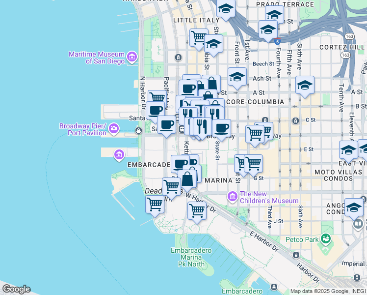 map of restaurants, bars, coffee shops, grocery stores, and more near 700 West E Street in San Diego