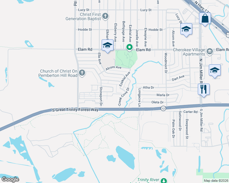 map of restaurants, bars, coffee shops, grocery stores, and more near 6325 Pebble Avenue in Dallas