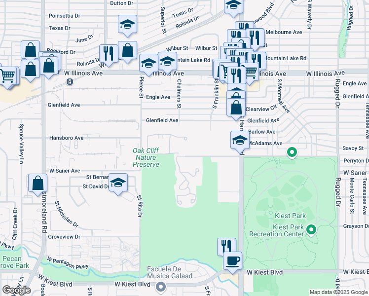 map of restaurants, bars, coffee shops, grocery stores, and more near 2515 Perryton Drive in Dallas