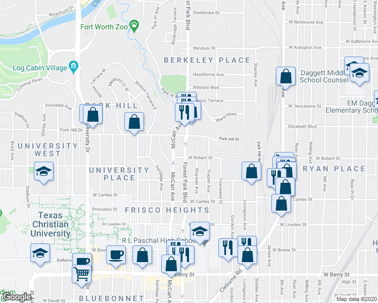 map of restaurants, bars, coffee shops, grocery stores, and more near 2520 Wayside Avenue in Fort Worth