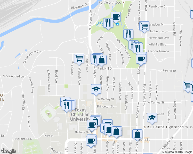 map of restaurants, bars, coffee shops, grocery stores, and more near 2534 South University Drive in Fort Worth
