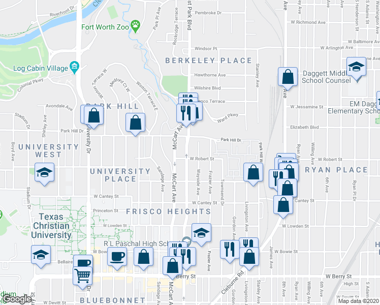 map of restaurants, bars, coffee shops, grocery stores, and more near 2520 Wayside Avenue in Fort Worth