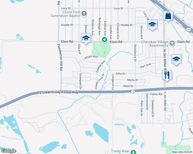 map of restaurants, bars, coffee shops, grocery stores, and more near 219 Ezekial Avenue in Dallas