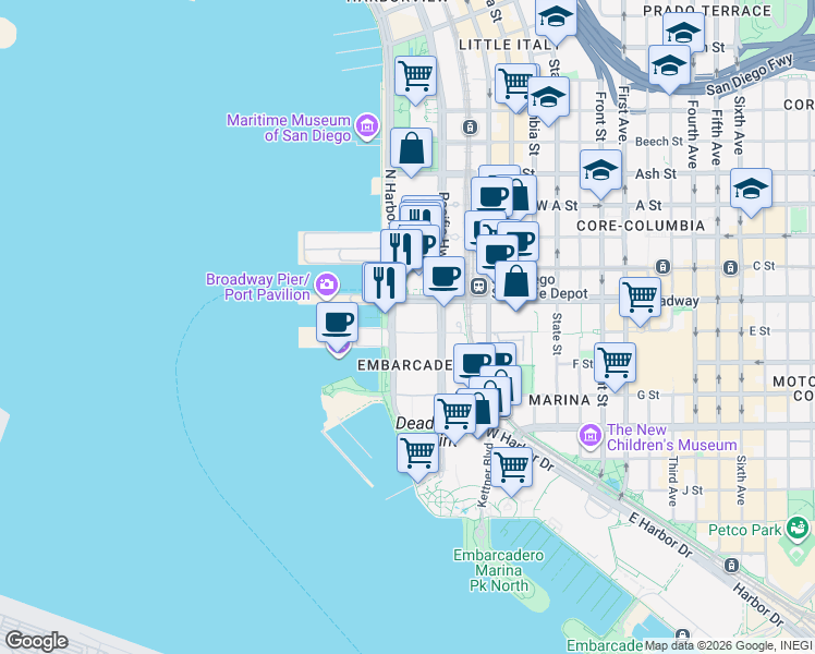 map of restaurants, bars, coffee shops, grocery stores, and more near 937 North Harbor Drive in San Diego