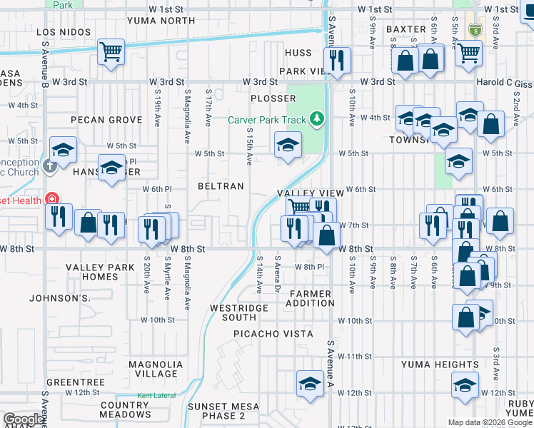 map of restaurants, bars, coffee shops, grocery stores, and more near 670 South 14th Avenue in Yuma