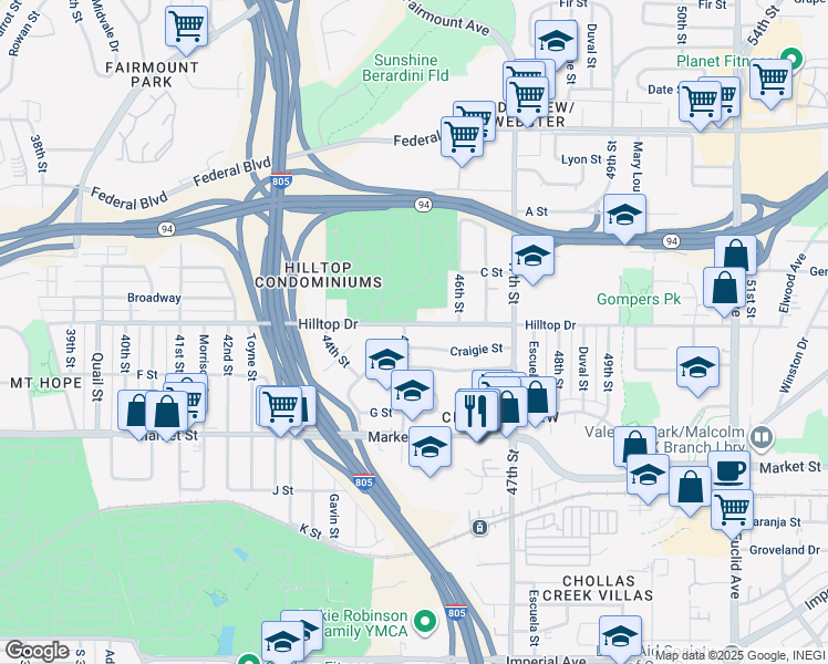 map of restaurants, bars, coffee shops, grocery stores, and more near 4505 Hilltop Drive in San Diego