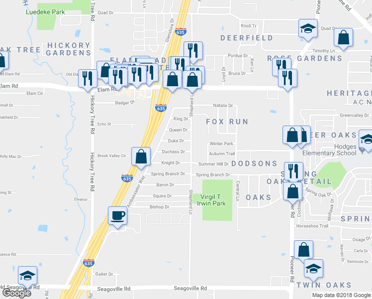 map of restaurants, bars, coffee shops, grocery stores, and more near 12305 Duchess Drive in Balch Springs