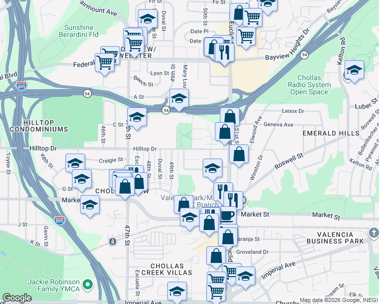 map of restaurants, bars, coffee shops, grocery stores, and more near 4927 Hilltop Drive in San Diego